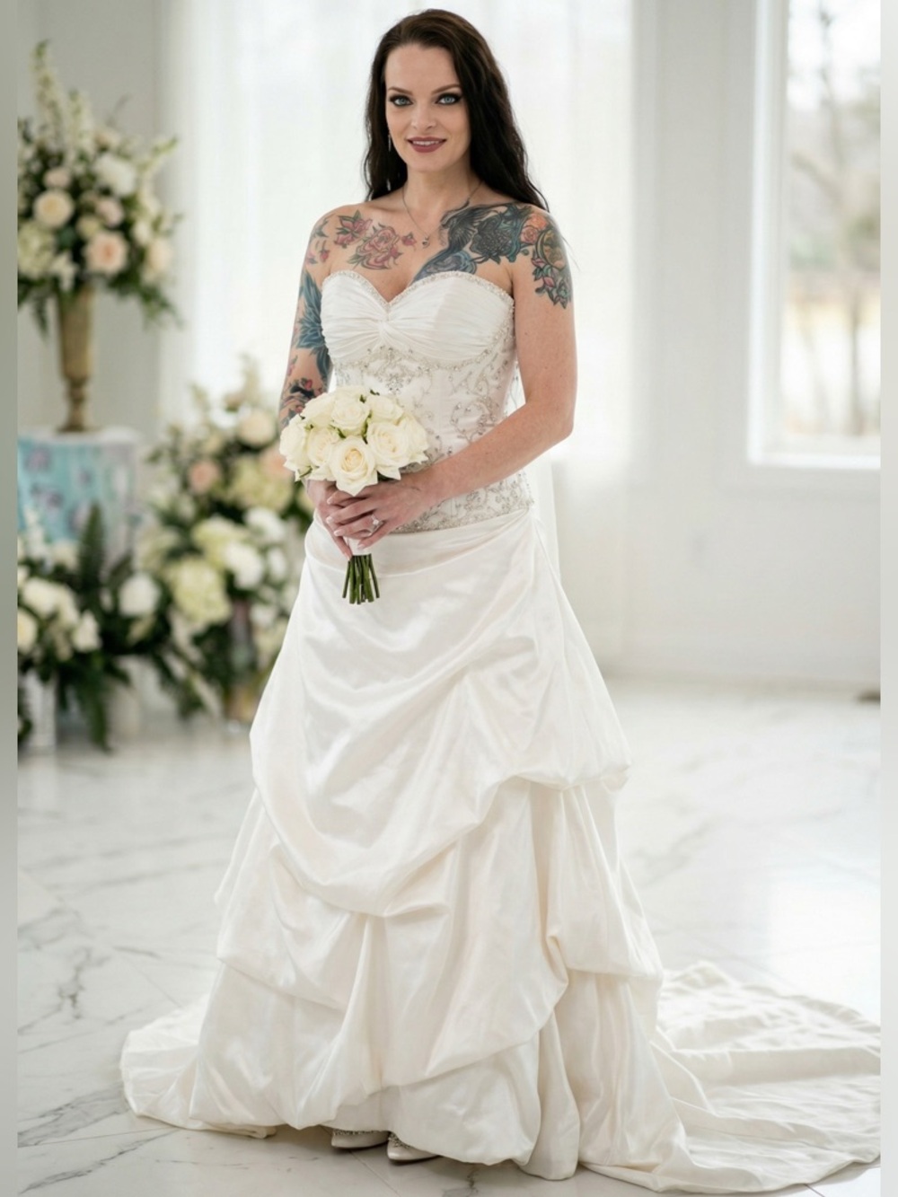 Moonlight Designer White Wedding Strapless Dress Crystal Beaded Ruffled Gown 6